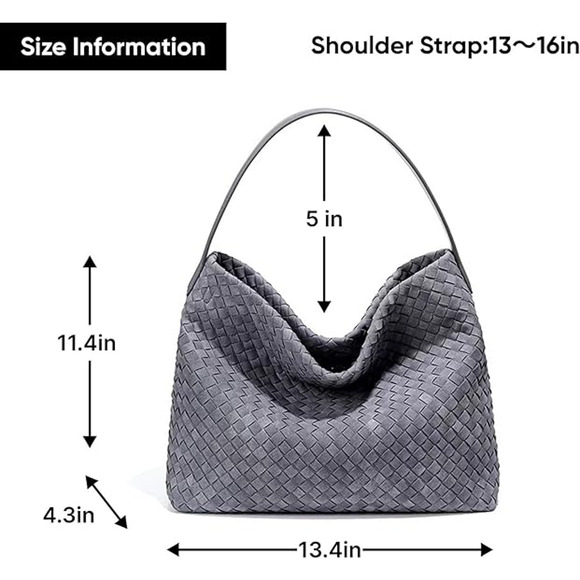 Women's Braided Suede Leather Hobo Tote Y2K Woven Slouchy Purse w/Dust Bag Grey - Picture 4 of 5